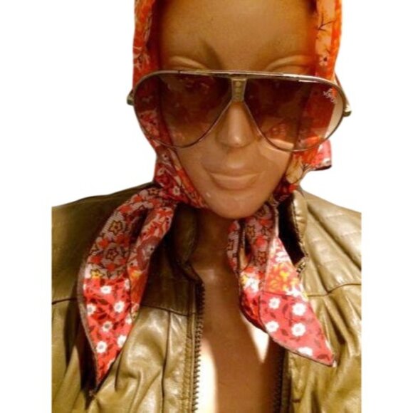 Orange Gold Mini Floral Hand Rolled Scarf Vintage Accessories - Picture 4 of 4